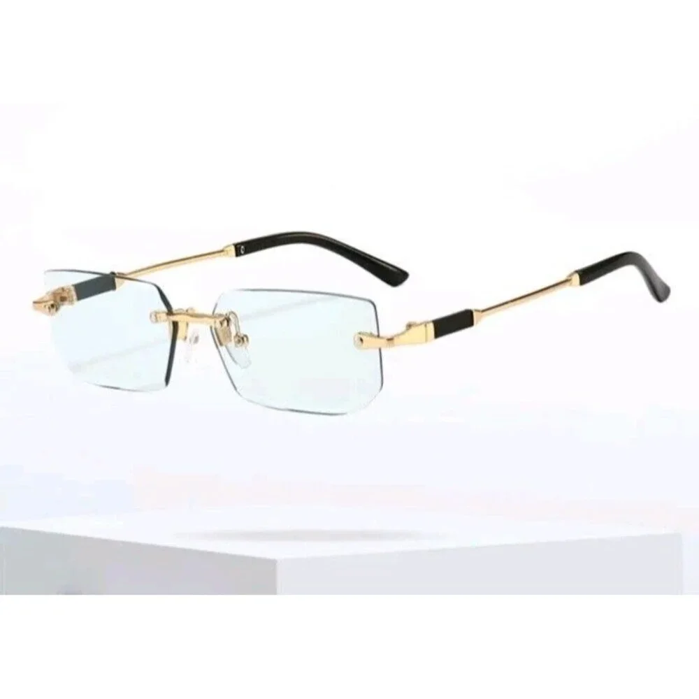 Rimless Sunglasses glasses Blue Tint Lens Gold Frame